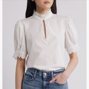 Frame Denim White Lace-Trim Puff Sleeve Blouse